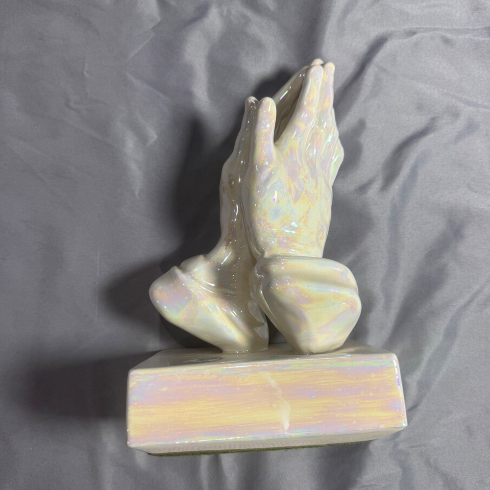 Vintage Iridescent Ceramic Praying Hands Figurine Pearlescent Religious Statue
